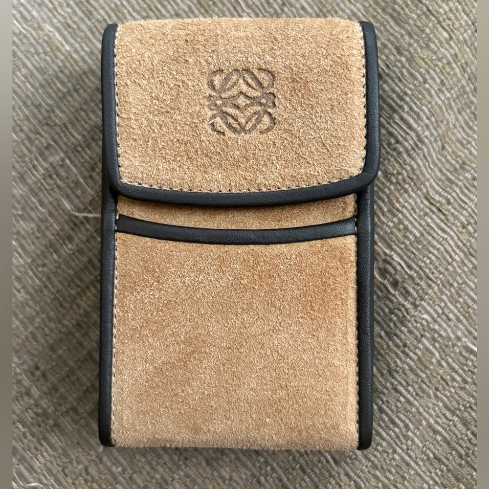Loewe Anagram Suede Cigarette Case in Tan with Black Trim